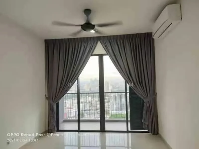Room features: floor-to-ceiling windows, grey curtains, 5-blade ceiling fan, wall-mounted split AC, white painted walls, polished tile flooring, balcony view, city skyline view; style: modern; view: city.