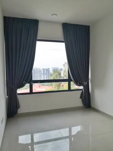 Room features: large window with city view, grey curtains, white painted walls, glossy tile flooring, recessed ceiling light; style: modern; view: city.