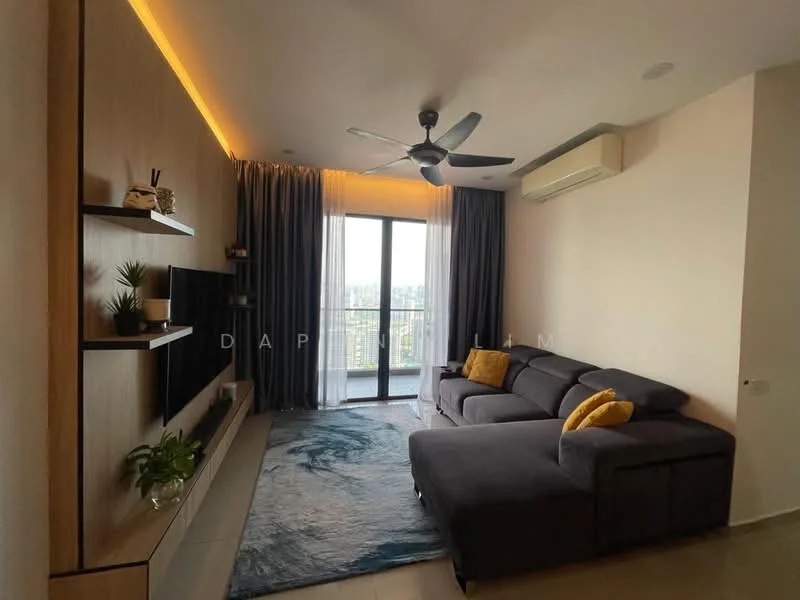 Living features: L-shape sectional sofa in grey, yellow accent pillow, wall-mounted TV, wooden TV console, decorative wall shelving, area rug with abstract pattern, floor-to-ceiling windows, curtains in grey, recessed LED lighting, ceiling fan, air conditioning unit; style: modern; view: city.