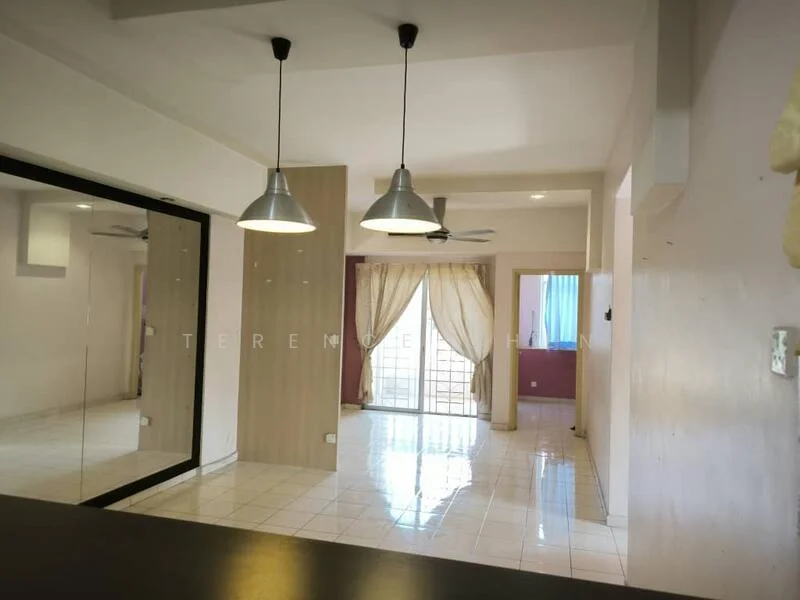 Living features: white painted walls, glossy white tile flooring, 5-blade ceiling fan with light, two pendant lamps, large mirror on wall, curtains, sliding glass door, balcony access; style: modern.