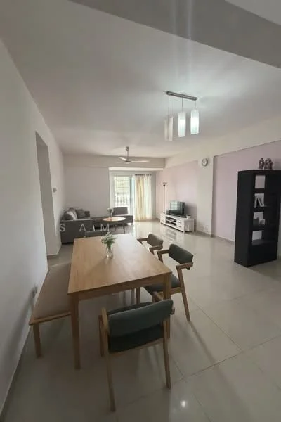 Living features: white painted walls, light grey accent wall, marble tile flooring, 5-blade ceiling fan with light, recessed downlights, sofa in grey fabric, wooden dining table, 4 dining chairs with green upholstery, TV console in white, wall-mounted TV, decorative shelving unit, floor-to-ceiling windows with sheer curtains; style: modern.