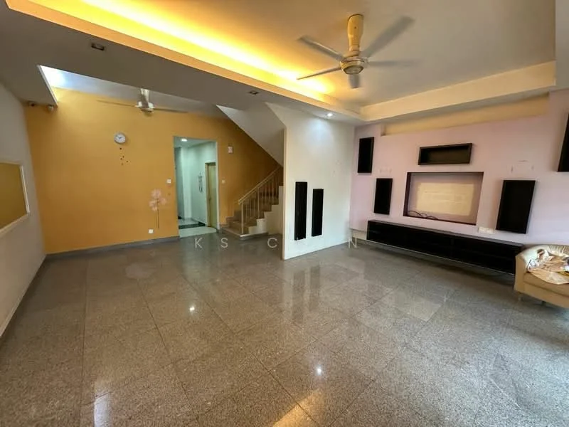Living features: grey polished tile flooring, white painted walls, orange accent wall, ceiling fan with light, recessed lighting, built-in TV console, staircase leading to upper floor, wall-mounted shelves, large windows for natural light; style: modern.