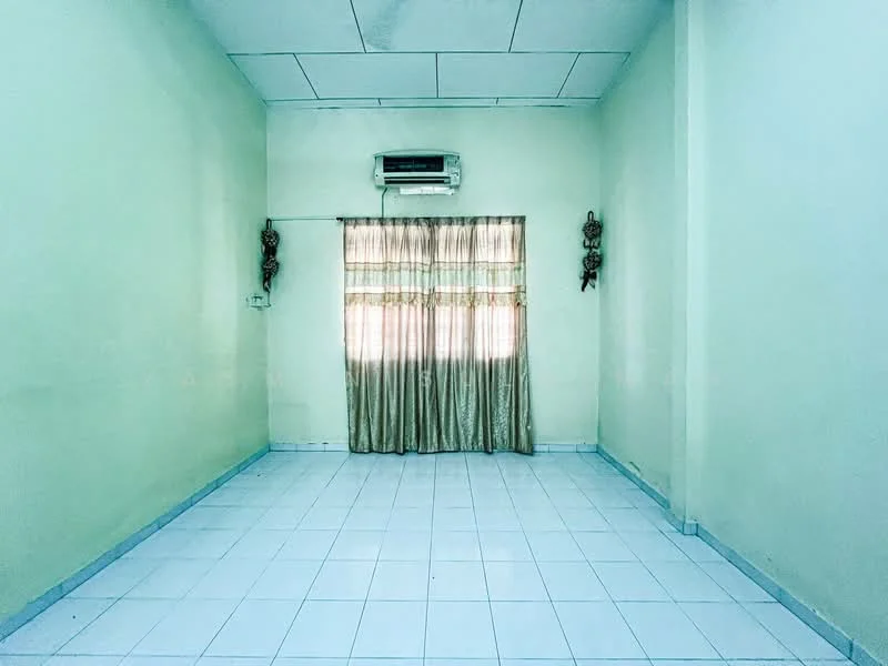 Room features: light green painted walls, white ceiling, white tiled flooring, curtains with a gold pattern, 1 wall-mounted split AC, no visible furniture or decor; style: minimalist.