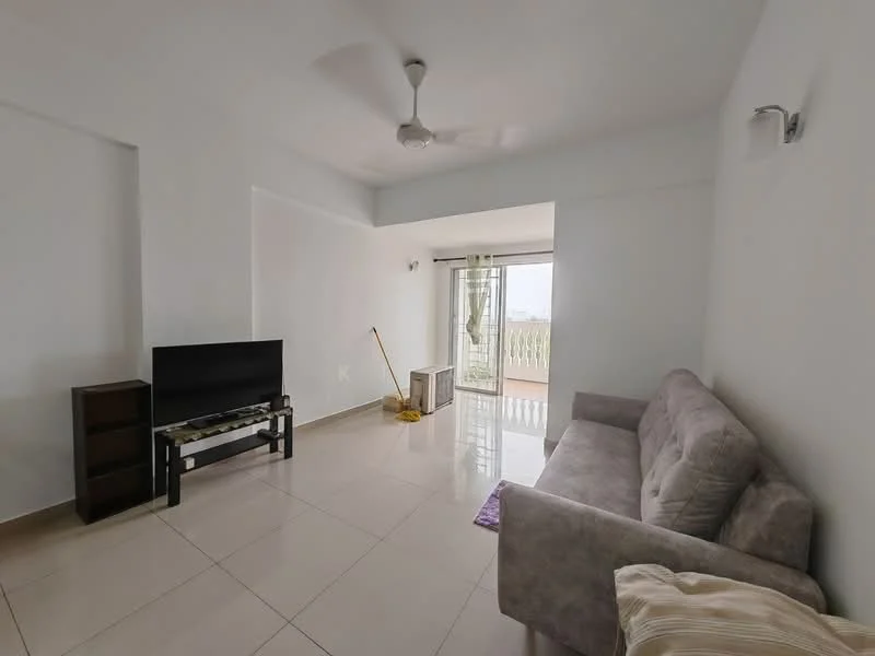 Living features: light grey fabric sofa, 3-seater sofa, black TV console, wall-mounted TV, ceiling fan, large window with sheer curtains, tile flooring, white painted walls, mop and broom visible, balcony door, area rug; style: modern; view: city.