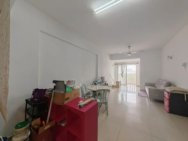 Living features: white painted walls, ceramic tile flooring, ceiling with fluorescent lights, 3-blade ceiling fan, sofa in grey, coffee table, TV console, sliding glass door, balcony view, plastic dining chairs, storage boxes, pink storage unit, open layout; style: modern; view: balcony.
