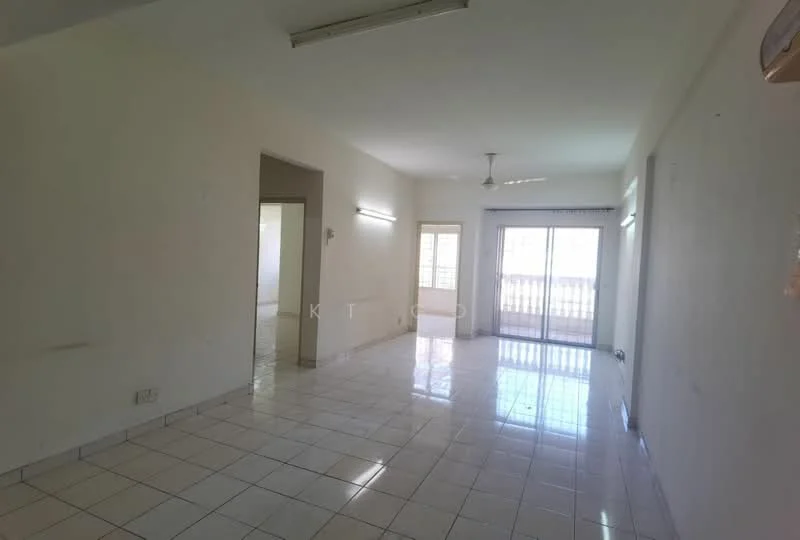 Living features: white painted walls, glossy ceramic tile flooring, ceiling fan, sliding glass door, floor-to-ceiling windows, natural light from windows, neutral color scheme, open layout, access to balcony.