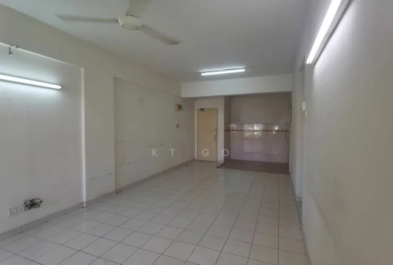 Room features: white painted walls, glossy ceramic tile flooring, ceiling fan, fluorescent lighting, open layout, neutral color scheme, no visible furniture, large windows, doorway leading to another room; style: modern.