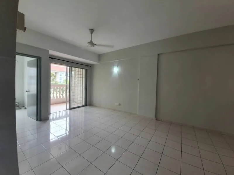 Living features: white painted walls, glossy ceramic tile flooring, ceiling fan, sliding glass door, floor-to-ceiling windows, natural light from windows, balcony access, neutral color scheme; style: modern.