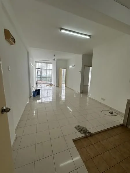 Living features: white painted walls, glossy ceramic tile flooring, recessed LED downlights, 1 wall-mounted split AC, floor-to-ceiling windows, sliding glass door, ceiling fan, open layout; style: modern; view: city.