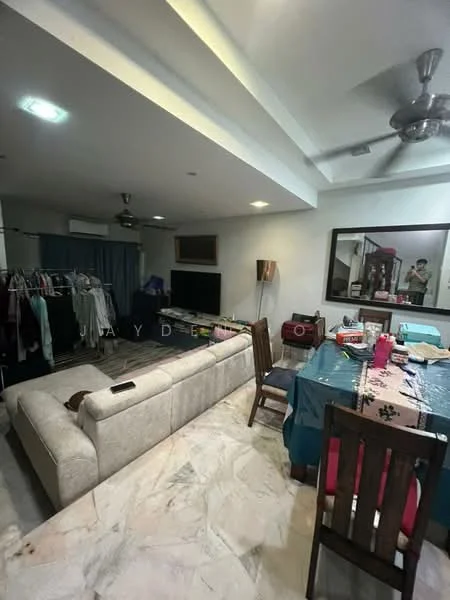 Living features: 3-seater fabric sofa in light beige, coffee table, wall-mounted TV, TV console, ceiling fan with light, marble flooring, decorative mirror, area rug, dining table with chairs, clothes rack, curtains, recessed ceiling lights; style: modern.