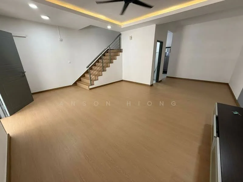 Room features: laminate flooring, white painted walls, recessed downlights, ceiling fan, staircase with wooden steps, open layout, large windows, doorway leading to another room; style: modern.