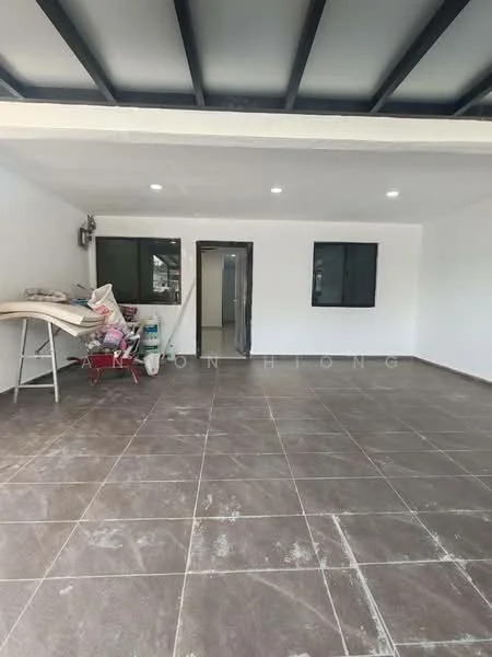 Room features: white painted walls, grey tiled flooring, exposed ceiling beams, recessed LED downlights, two windows, open layout, unfinished space, utility items present.