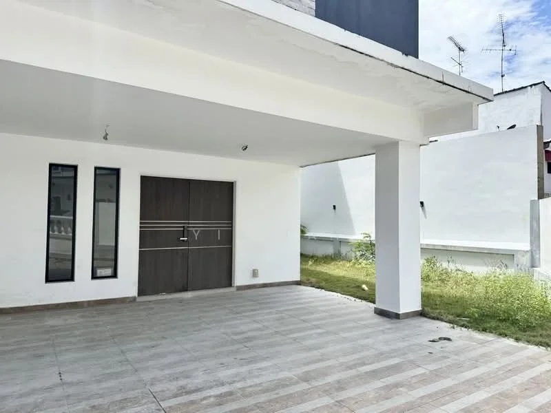 Exterior features: white painted facade, flat roof, single-storey, manicured lawn, paved flooring, double-door main entrance, vertical windows, surrounded by greenery; style: modern.