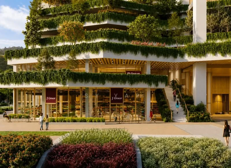 Exterior type: mixed-use development; features: greenery on building facade, outdoor seating area, large glass windows, staircase leading to entrance, landscaped garden with flowers, retail space at ground level, signage for grocery store, multiple levels with terraces, modern architectural design, open-air walkway; style: modern.