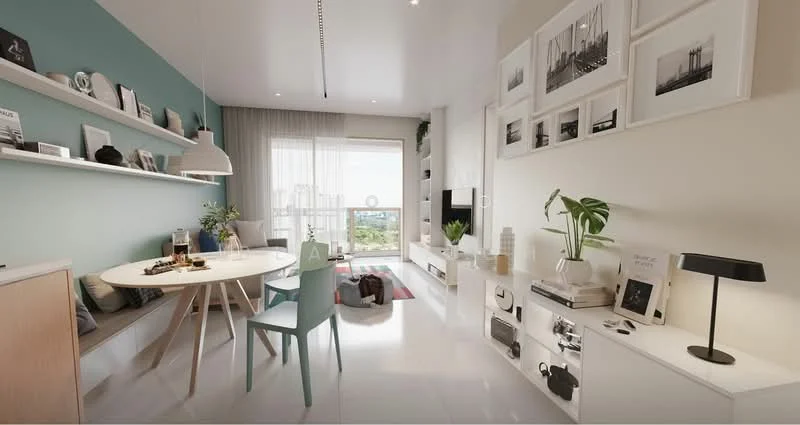 Living features: white walls, light blue accent wall, white ceiling, recessed downlights, floor-to-ceiling windows, curtains, light-colored flooring, round dining table, 4 dining chairs in various colors, built-in shelving unit, decorative plants, framed artwork on walls, TV console with wall-mounted TV, area rug with geometric pattern; style: modern; view: city.