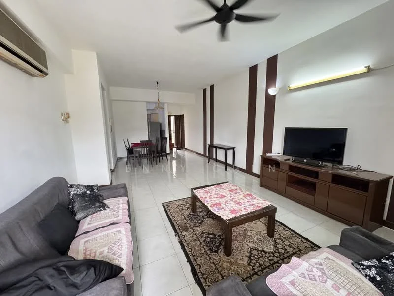 Living features: 3-seater fabric sofa in grey, 2-seater fabric sofa in grey, coffee table, TV console, wall-mounted TV, area rug with geometric pattern, ceiling fan, wall-mounted air conditioning unit, recessed lighting, white painted walls, tile flooring, decorative wall panels in brown, dining table visible in background; style: modern.