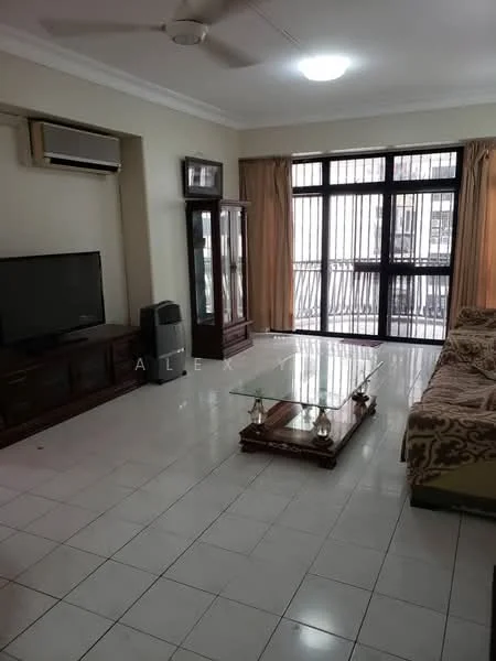 Living features: white painted walls, ceramic tile flooring, 5-blade ceiling fan with light, wall-mounted split AC, sofa with patterned upholstery, glass coffee table, TV console with storage, flat-screen TV, curtains on windows, sliding glass door, decorative cabinet, area rug; style: contemporary.