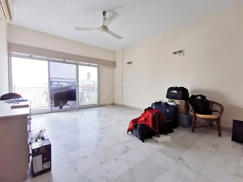 Living features: white painted walls, marble flooring, 5-blade ceiling fan, floor-to-ceiling sliding glass door, curtains, balcony access, natural light, unfurnished, minimal decor; view: city.
