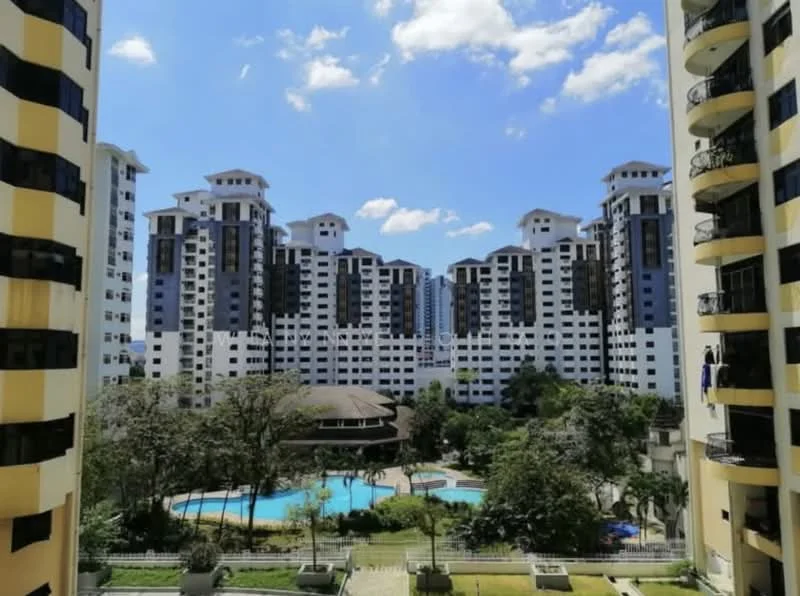 Exterior type: high-rise condominium; features: multiple high-rise buildings, swimming pool, landscaped garden, manicured lawn, outdoor seating area, balconies on buildings, blue sky with clouds; style: modern.
