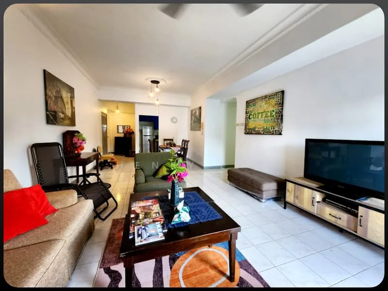 Living features: white painted walls, ceramic tile flooring, 5-blade ceiling fan, sofa in beige fabric, red accent cushions, wooden coffee table, area rug with geometric pattern, wall-mounted TV, TV console with storage, decorative wall art, potted plants, side chair, ottoman, dining area visible in background; style: contemporary.