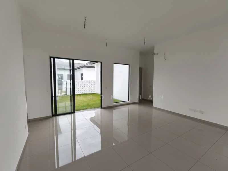 Room features: white painted walls, glossy ceramic tile flooring, floor-to-ceiling windows, sliding glass door, natural light from windows, view of garden, recessed ceiling lights, neutral color scheme; style: modern; view: garden.