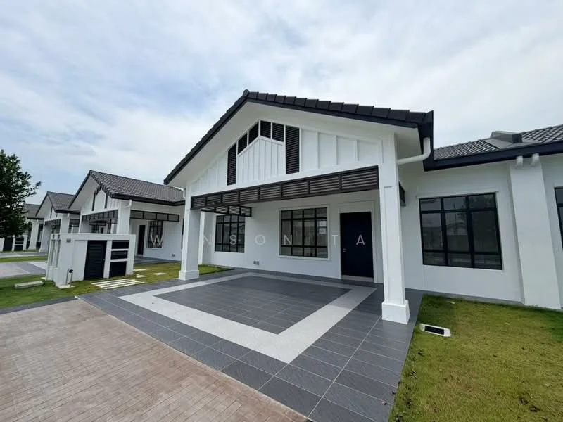 Exterior type: detached bungalow; features: white painted facade, pitched tile roof, covered porch area, grey tiled flooring at entrance, manicured lawn, driveway with interlocking pavers, large windows, black window shutters, modern architectural design; style: modern.
