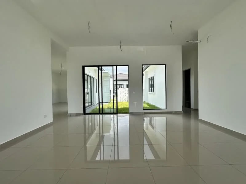 Room features: white painted walls, glossy ceramic tile flooring, large floor-to-ceiling windows, sliding glass door, recessed downlights, open layout, neutral color scheme, high ceiling; style: modern; view: garden.