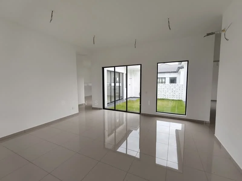 Living features: white painted walls, glossy ceramic tile flooring, floor-to-ceiling windows, sliding glass door, natural light from windows, open layout, no visible furniture, minimalist design; style: modern; view: garden.