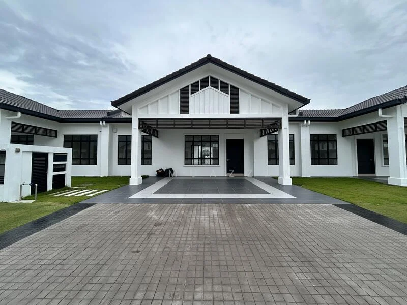 Exterior type: detached bungalow; features: white painted facade, pitched tile roof, black framed windows, manicured lawn, paved driveway, covered entrance, porch with columns, landscaped garden, outdoor lighting, symmetrical facade; style: modern.