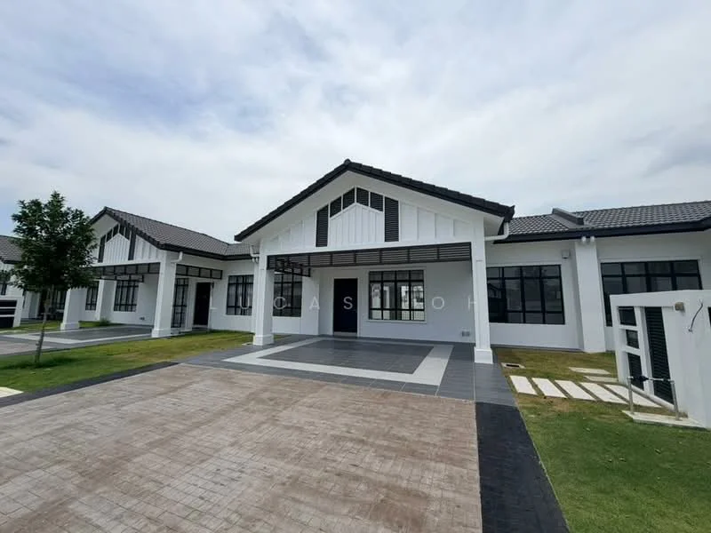 Exterior type: detached bungalow; features: white painted facade, black tiled roof, large windows, covered porch, manicured lawn, paved walkway, concrete driveway, landscaped garden, symmetrical facade, horizontal wooden beams; style: modern.
