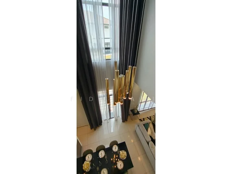 Living features: chandelier with gold finish, floor-to-ceiling windows, sheer curtains, dark grey curtains, white walls, polished tile flooring, sofa in light color, coffee table, decorative centerpieces; style: modern.