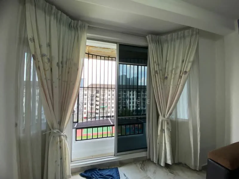 Room features: floor-to-ceiling sliding glass door, sheer curtains, white painted walls, marble tile flooring, balcony view, curtains with floral pattern.