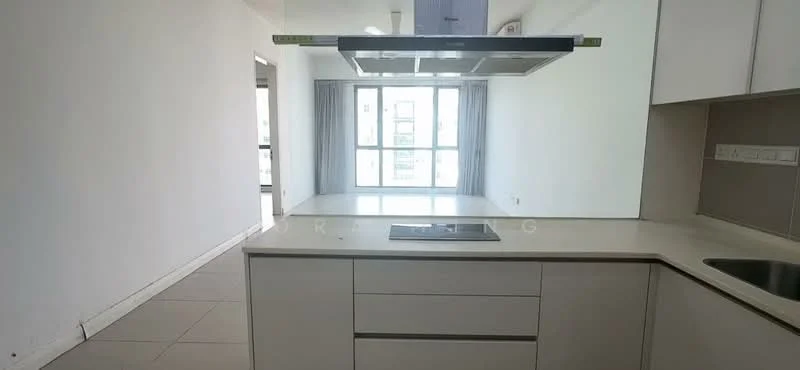 Kitchen features: white cabinetry, marble countertop, stainless-steel sink, built-in stove with hood, open layout, large window, grey tiled flooring, recessed lighting; style: modern; view: city. Room features: floor-to-ceiling windows, curtains, neutral wall color.