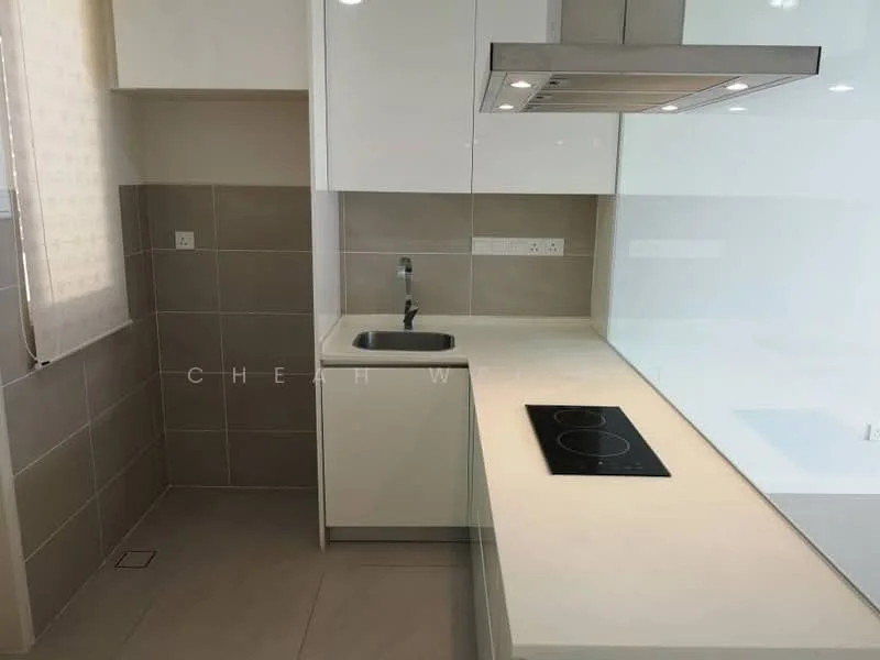 Kitchen features: white cabinetry, light grey tiled backsplash, white countertop, stainless-steel single-bowl sink, chrome pull-down faucet, built-in induction cooktop, recessed downlights, window with sheer curtains, tile flooring, wall-mounted range hood; style: modern.