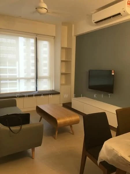 Living features: grey fabric sofa, wooden coffee table, wall-mounted TV, built-in shelving unit, light-colored flooring, air conditioning unit, large window with sheer curtains, dining table with chairs, accent wall in green, decorative wall paneling; style: modern; view: city.