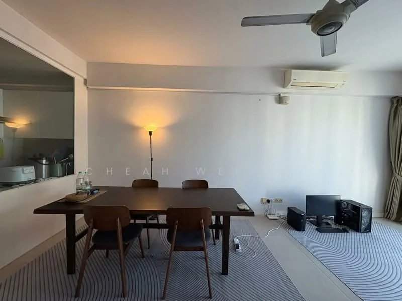 Dining features: wood dining table, 4 wooden dining chairs, pendant light, wall-mounted light, wall-mounted split AC, carpet with geometric pattern, floor-to-ceiling window, curtains; style: modern.