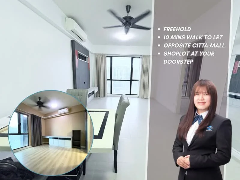 Living features: light grey painted walls, white ceiling, 5-blade ceiling fan with light, floor-to-ceiling windows, sliding glass door, curtains, rectangular dining table, white TV console, tile flooring, air conditioning unit; style: modern; view: city.