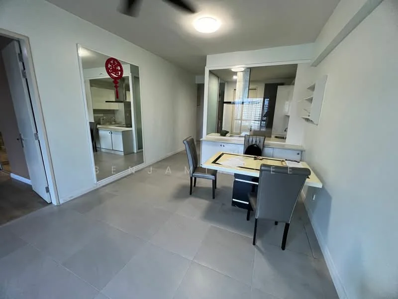 Room features: light grey tiled flooring, white painted walls, ceiling light fixture, dining table with four grey upholstered chairs, large mirror on wall, open layout, window with city view, wall-mounted shelf; style: modern; view: city.