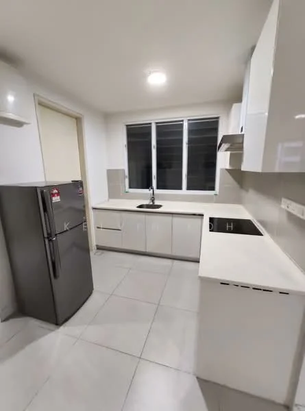 Kitchen features: white cabinetry, grey countertop, single-bowl stainless-steel sink, chrome pull-down faucet, built-in oven, stainless-steel fridge, ceramic tile flooring, recessed downlights, floor-to-ceiling windows, neutral wall colour; style: modern.