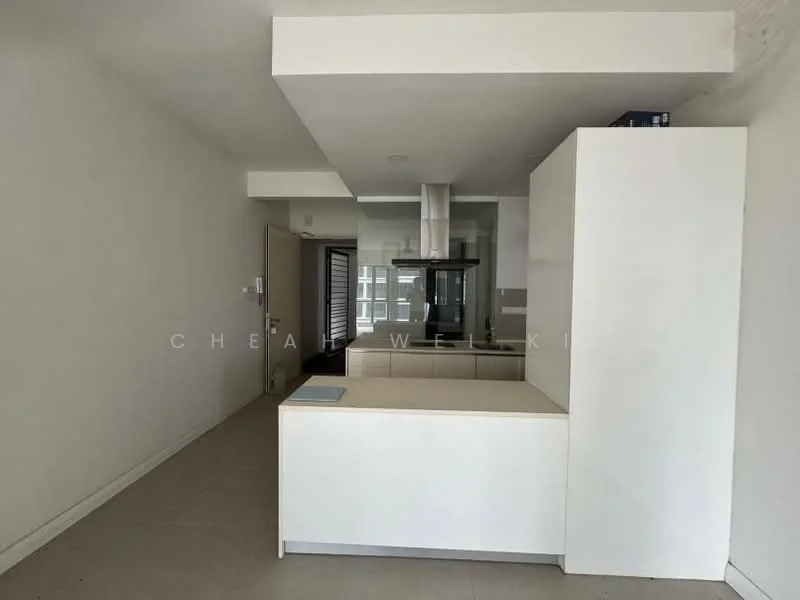Kitchen features: white cabinetry, kitchen island with countertop, stainless-steel range hood, built-in oven, ceramic tile flooring, grey wall, open layout, recessed lighting; style: modern.