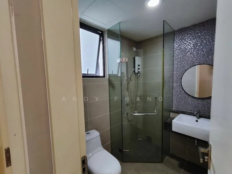 Bathroom features: walk-in shower with glass enclosure, rain shower head, handheld shower, single-sink vanity with wall-mounted faucet, round mirror, toilet, tile cladding on walls, ceramic tile flooring, window for natural light, recessed downlights; style: modern.