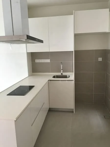 Kitchen features: white cabinetry, stainless-steel sink, chrome pull-down faucet, built-in induction cooktop, grey tile backsplash, light grey tile flooring, wall-mounted range hood, open shelving, countertop with integrated sink; style: modern.