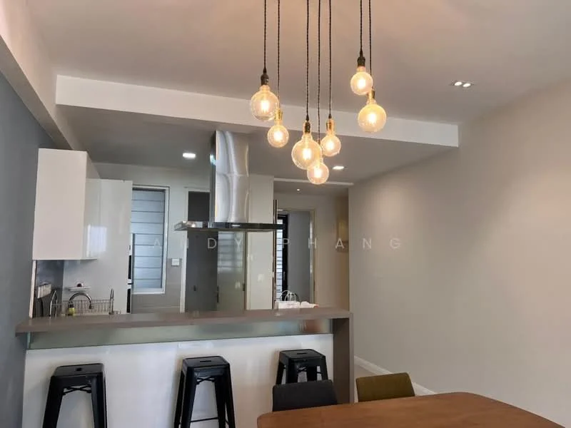 Kitchen features: white cabinetry, stainless-steel range hood, marble countertop, bar seating with black stools, pendant lighting with exposed bulbs, built-in oven, double-bowl stainless-steel sink, chrome pull-down faucet, grey accent wall, recessed downlights; style: modern.