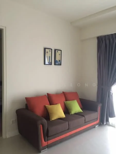 Living features: 3-seater fabric sofa in brown with orange and green accent cushions, two framed artworks on the wall, light grey walls, floor-to-ceiling window with sheer curtains, grey curtain drapes, light-colored flooring; style: modern.
