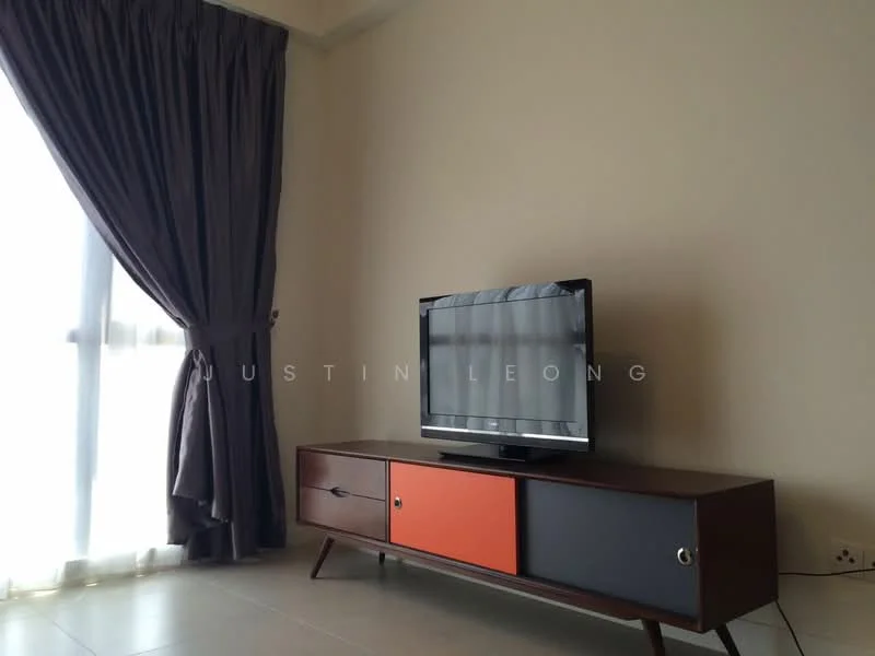 Living features: floor-to-ceiling windows, grey curtains, wooden TV console with orange and blue drawers, flat-screen TV, light-colored walls, tile flooring, recessed lighting; style: modern.