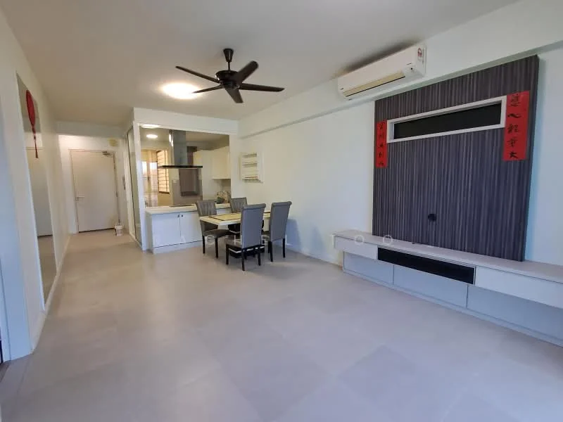 Living features: 5-blade ceiling fan with light, wall-mounted TV, TV console, dining table with 6 chairs, white walls, light grey tiled flooring, air conditioning unit, decorative wall panel with red accents, open layout, sliding door to hallway; style: modern.