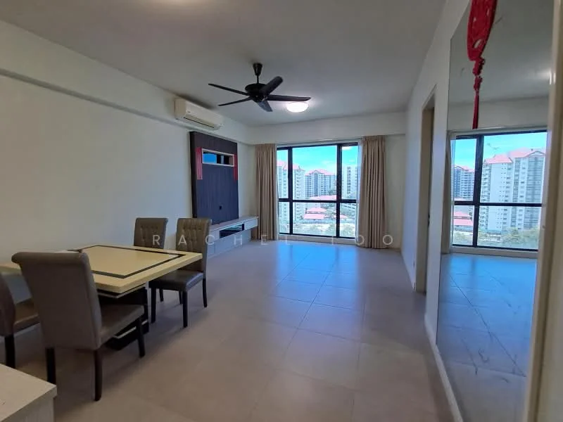 Living features: floor-to-ceiling windows, city view, light grey tiled flooring, white painted walls, 5-blade ceiling fan, wall-mounted TV, TV console with storage, dining table with 4 chairs, curtains, air conditioning unit; style: modern.