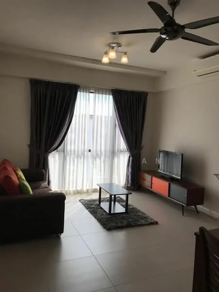 Living features: 3-seater fabric sofa in grey, coffee table, TV console, wall-mounted TV, area rug, floor-to-ceiling windows, sheer curtains, ceiling fan with light, recessed downlights, light-coloured walls, tile flooring; style: modern.
