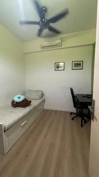 Bedroom features: single bed with storage underneath, light grey bedding, wooden flooring, white painted walls, ceiling fan, wall-mounted air conditioning unit, desk with chair, framed artwork on walls; style: modern.