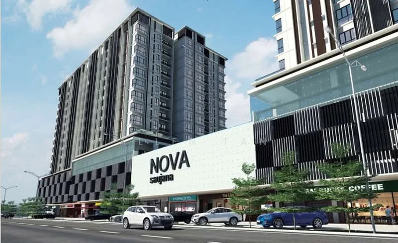 Exterior type: high-rise condominium; features: glass curtain wall, white painted facade, projecting balconies, multiple storeys, retail spaces at ground level, landscaped greenery, street view, parking spaces, signage for businesses, modern architectural design; style: modern.